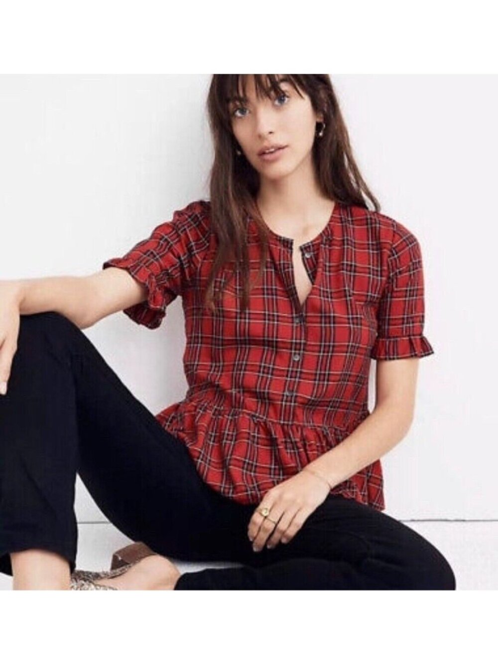 Madewell Women's Blouse Red Studio Ruffle Hem Top in Clanton Plaid Size XS